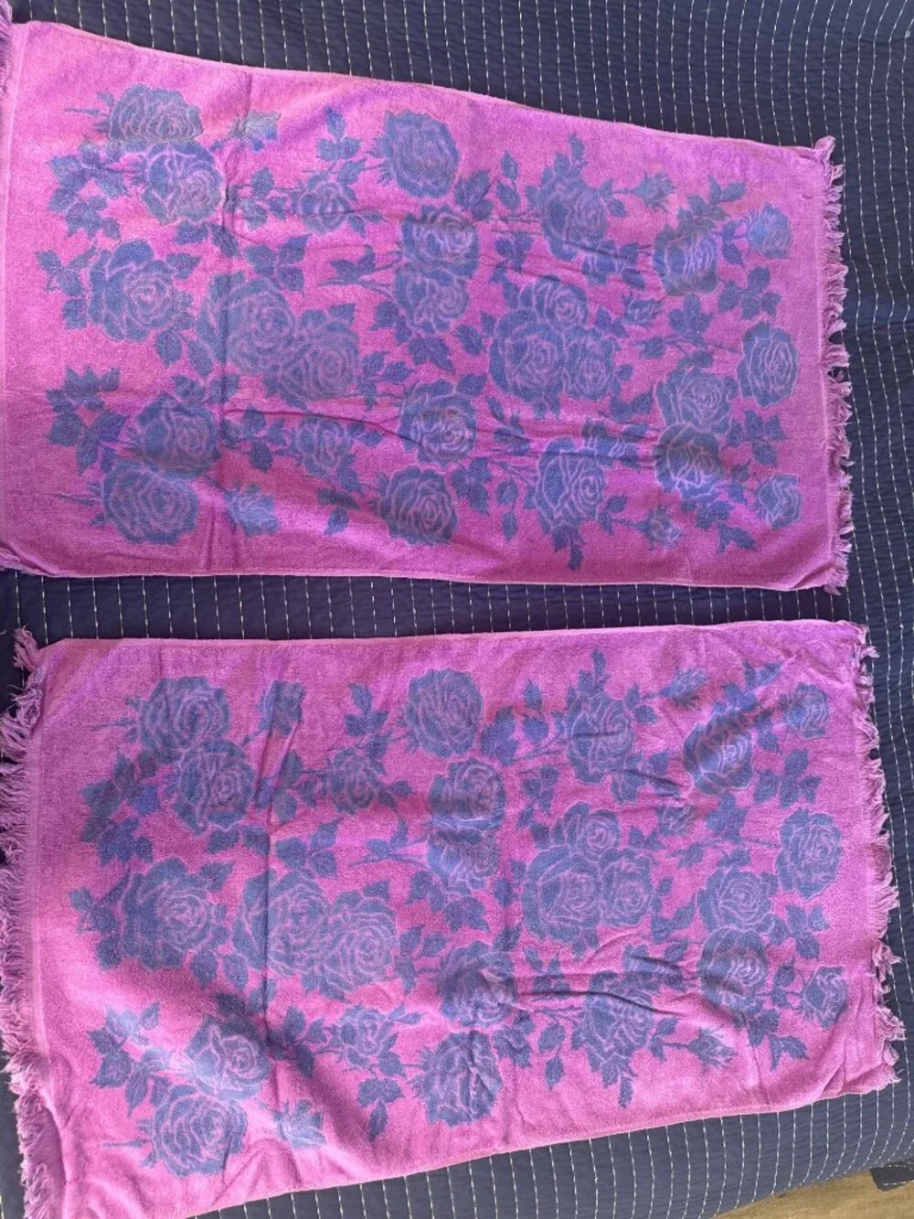 Callaway Purple & Blue Floral Cotton Bath Towels Set Of 2 Fringe Made In USA